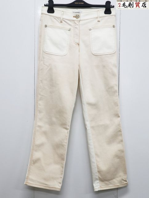 シャネル CHANEL バイカラー ストレート デニムパンツ P58032 V44058 ベージュ系 サイズ38 【中古】　パンツ ジーンズ