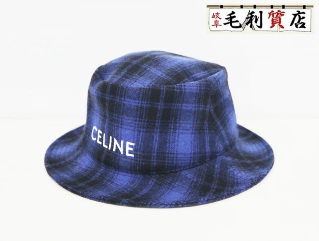 セリーヌ CELINE 2AUO4994R チェック柄 ロゴ ブルー バケットハット サイズL メンズ【中古】帽子