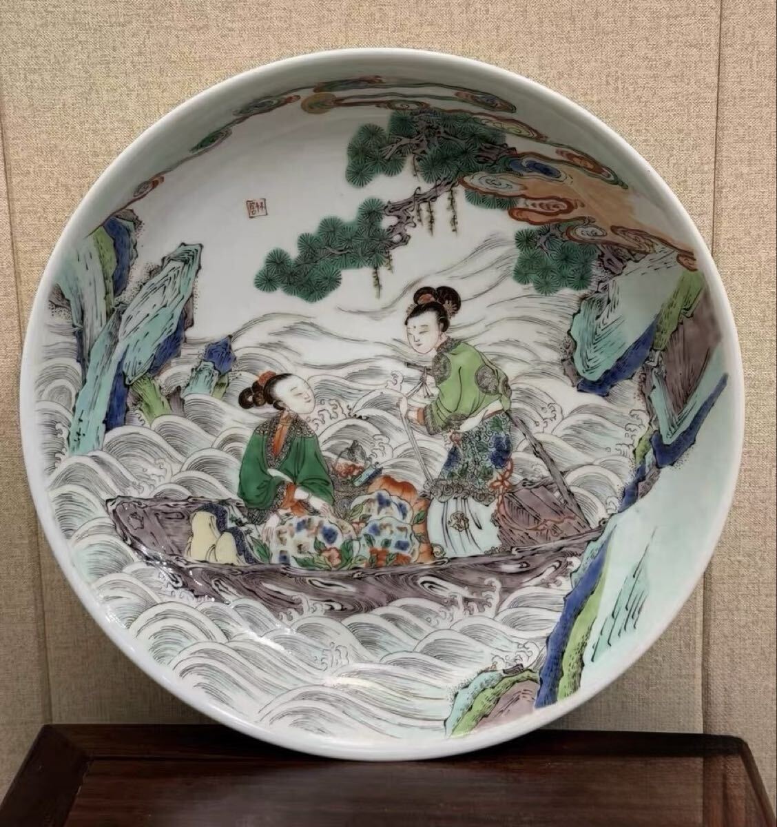 【竹河】中国古美術 清時代 五彩 人物 皿 時代物 唐物 古玩 骨董 藏出 置物 骨董品 当時物 置物 口径28.5cm H25