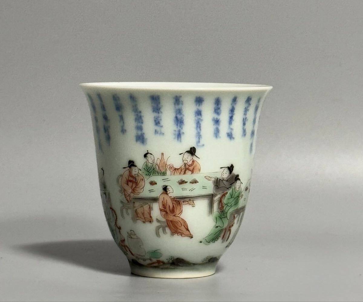 【竹河】中国古美術 明時代 斗彩 五彩 人物 杯 茶碗 時代物 唐物 古玩 骨董 藏出 置物 骨董品 当時物 置物 h15