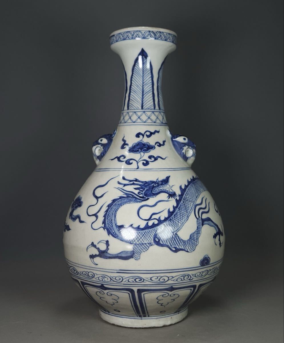 【竹河】中国古美術 元時代 青花 龍紋 花瓶 時代物 唐物 古玩 骨董 藏出 置物 骨董品 当時物 置物 高さ35cm W2