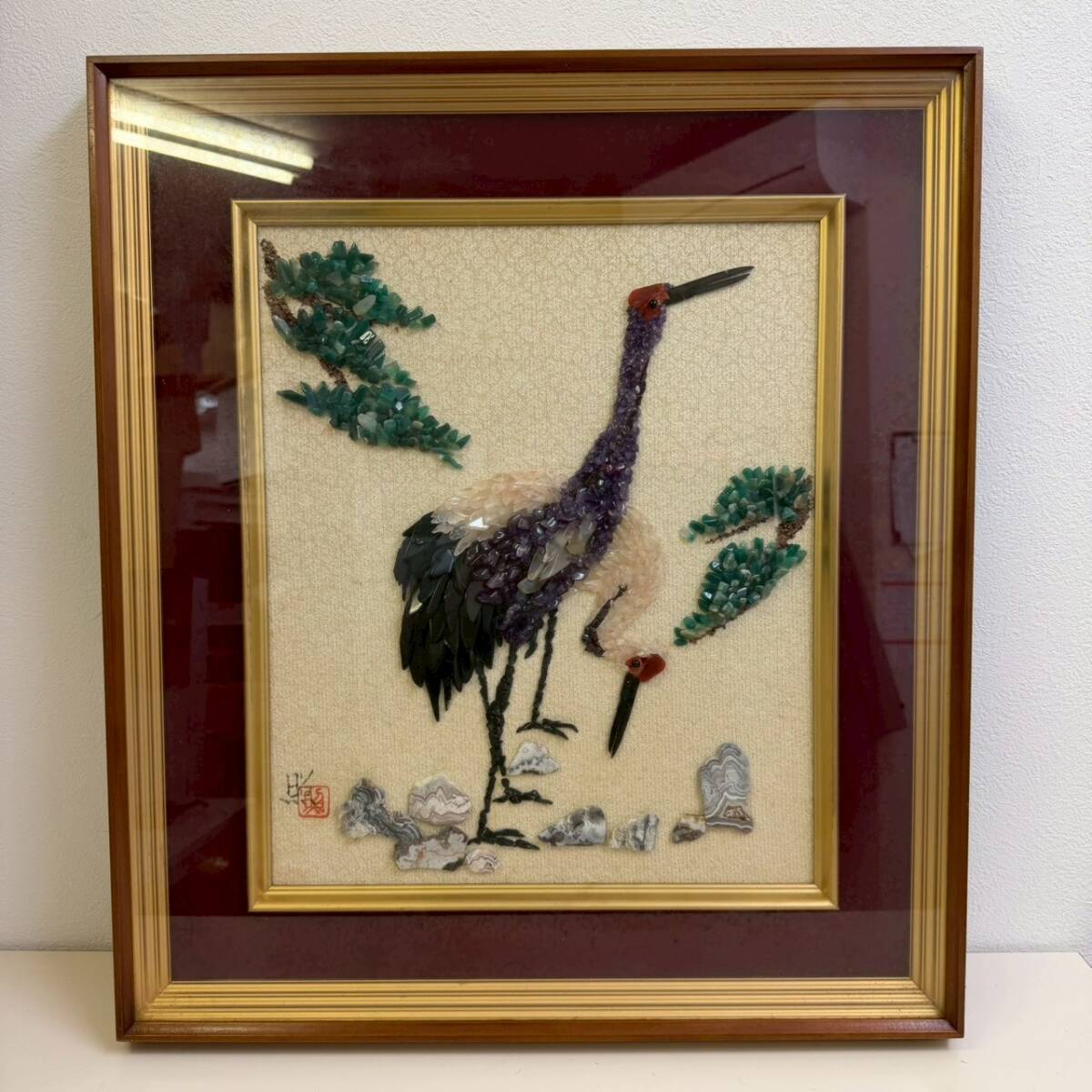 【①-119-a】宝石画　鶴　額縁 額装 額 飾り 壁飾り アート 美術品