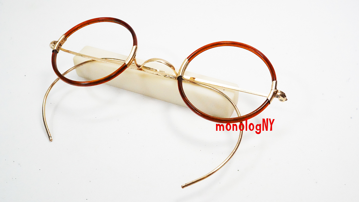 BSO ベイステートオプティカル 1910s アンティークアンバーセル＆12KGF金張りラウンド眼鏡フレーム WINDSOR 希少丸メガネ ジョンレノン 