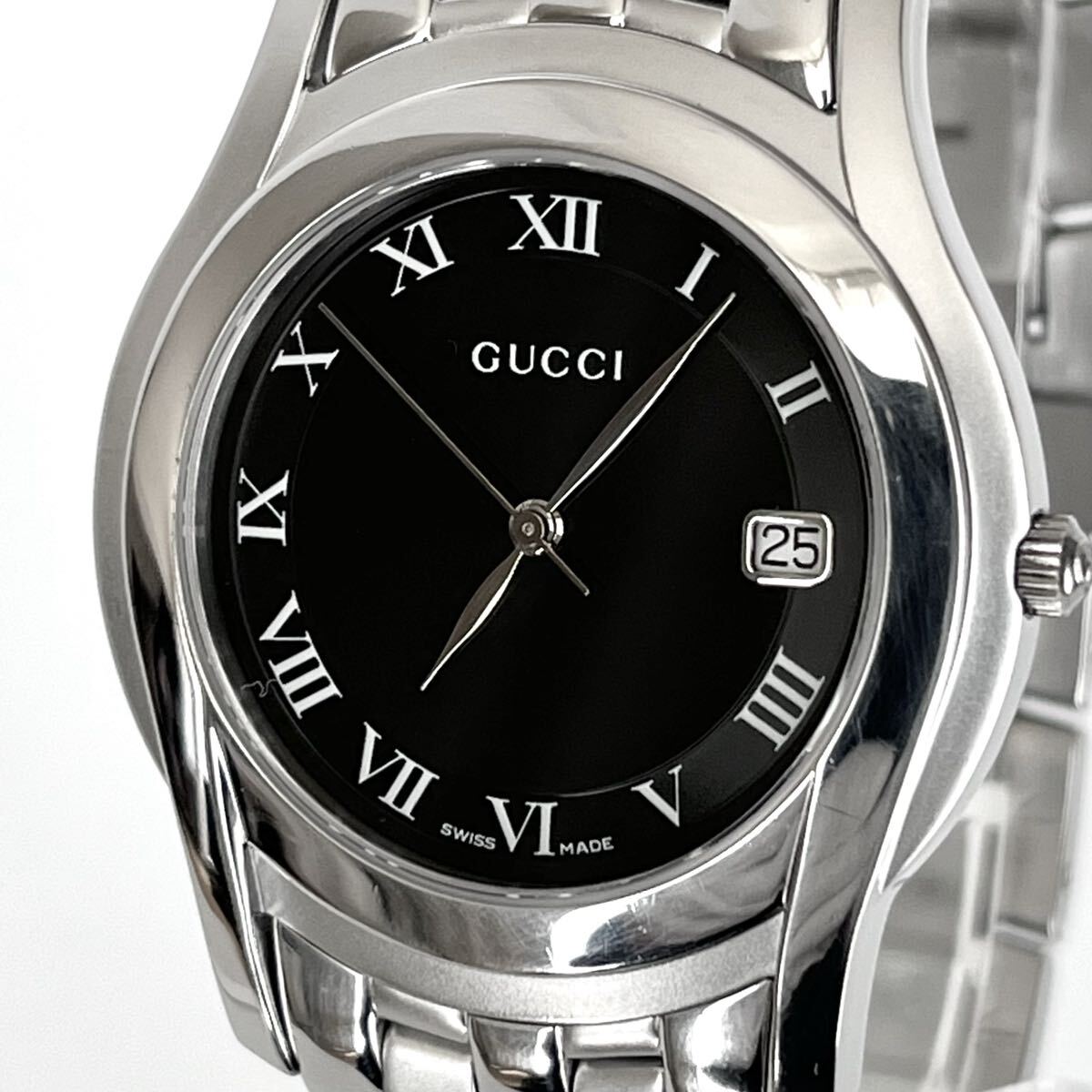 【稼働】磨き済み グッチ GUCCI 5500M メンズ 腕時計 美品 電池新品 ブラック文字盤 s2301
