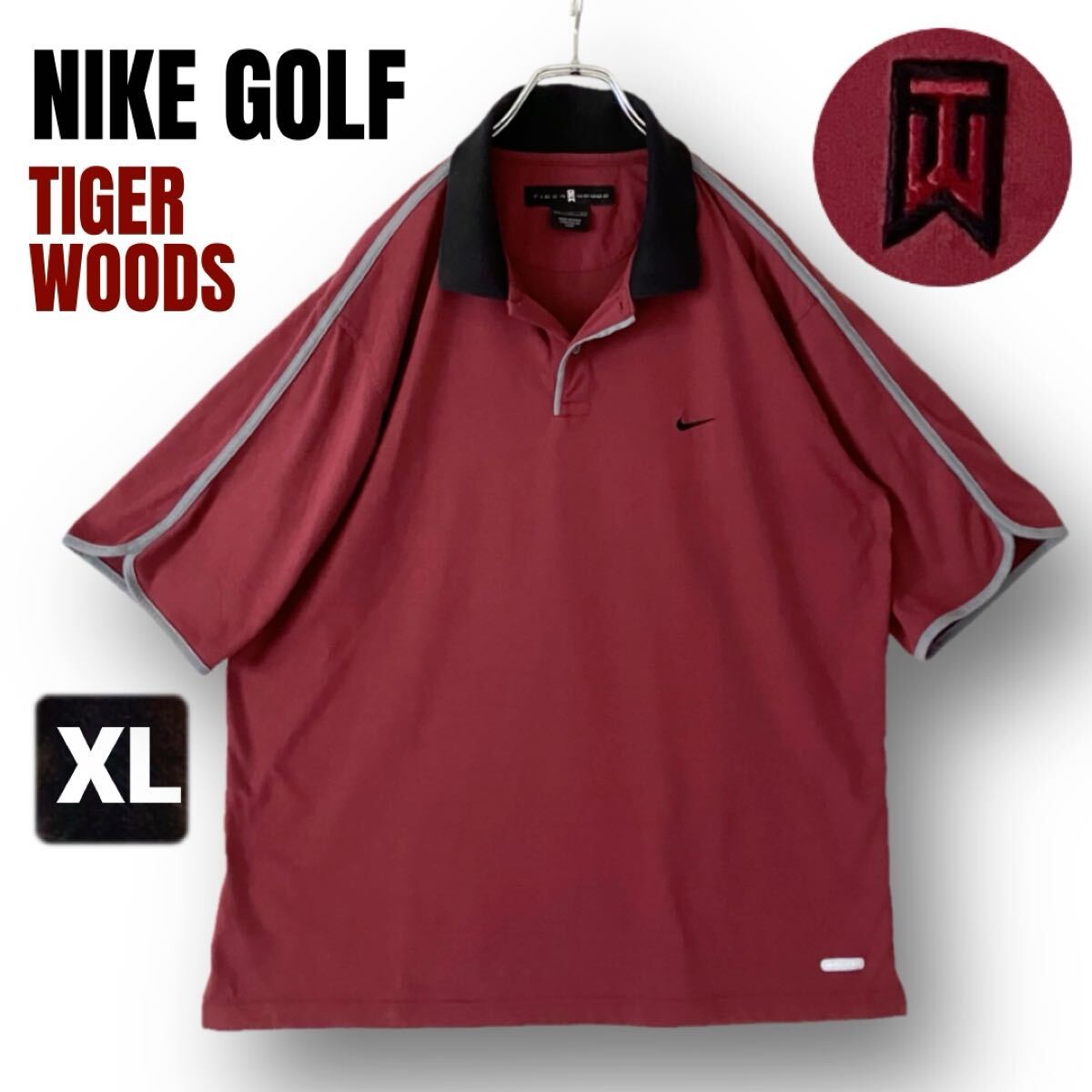 00s NIKE GOLF ナイキゴルフ★TIGER WOODS/タイガーウッズ★五分袖ゴルフシャツ★バーガンディ★メンズXL