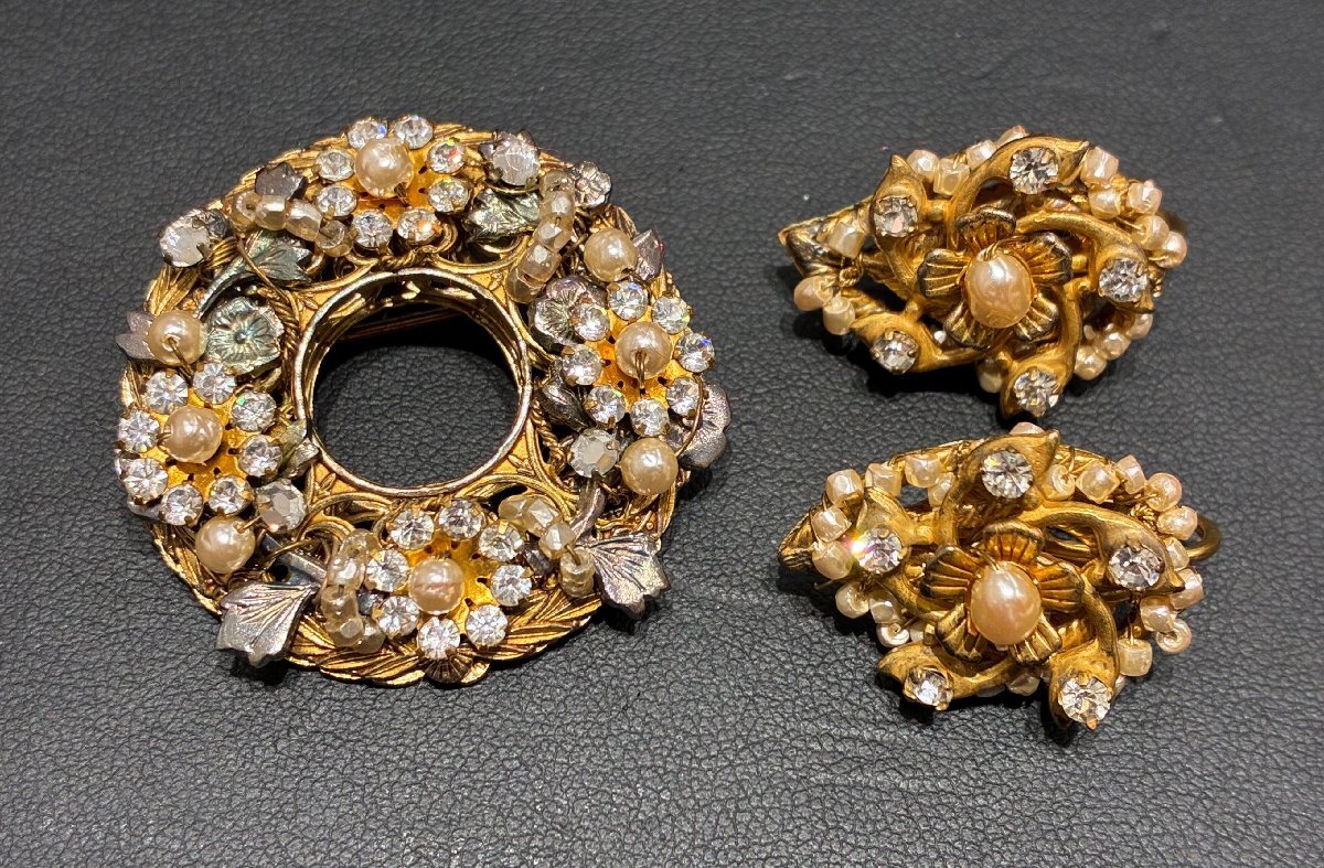 【597_05193】Miriam Haskell ミリアムハスケル アクセサリー2点おまとめ ブローチ イヤリングセット ヴィンテージ ジュエリー 現状品