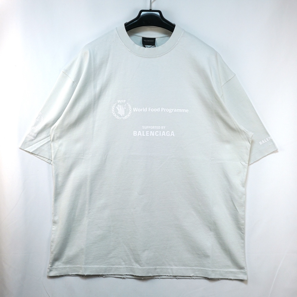 BALENCIAGA バレンシアガ WFP World Food Programme ロゴ ラバープリント Tシャツ ダメージ加工 ミディアムフィット Lサイズ グレー