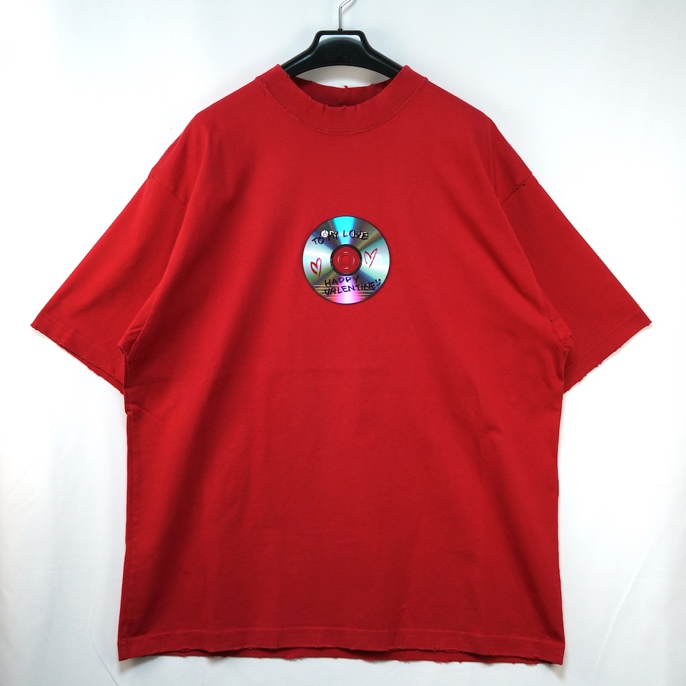 BALENCIAGA バレンシアガ To My Love Happy Valentine T-Shirt ヴァレンタイン Tシャツ CD ヴィンテージ加工 レッド L 764236 TOVE4 6400