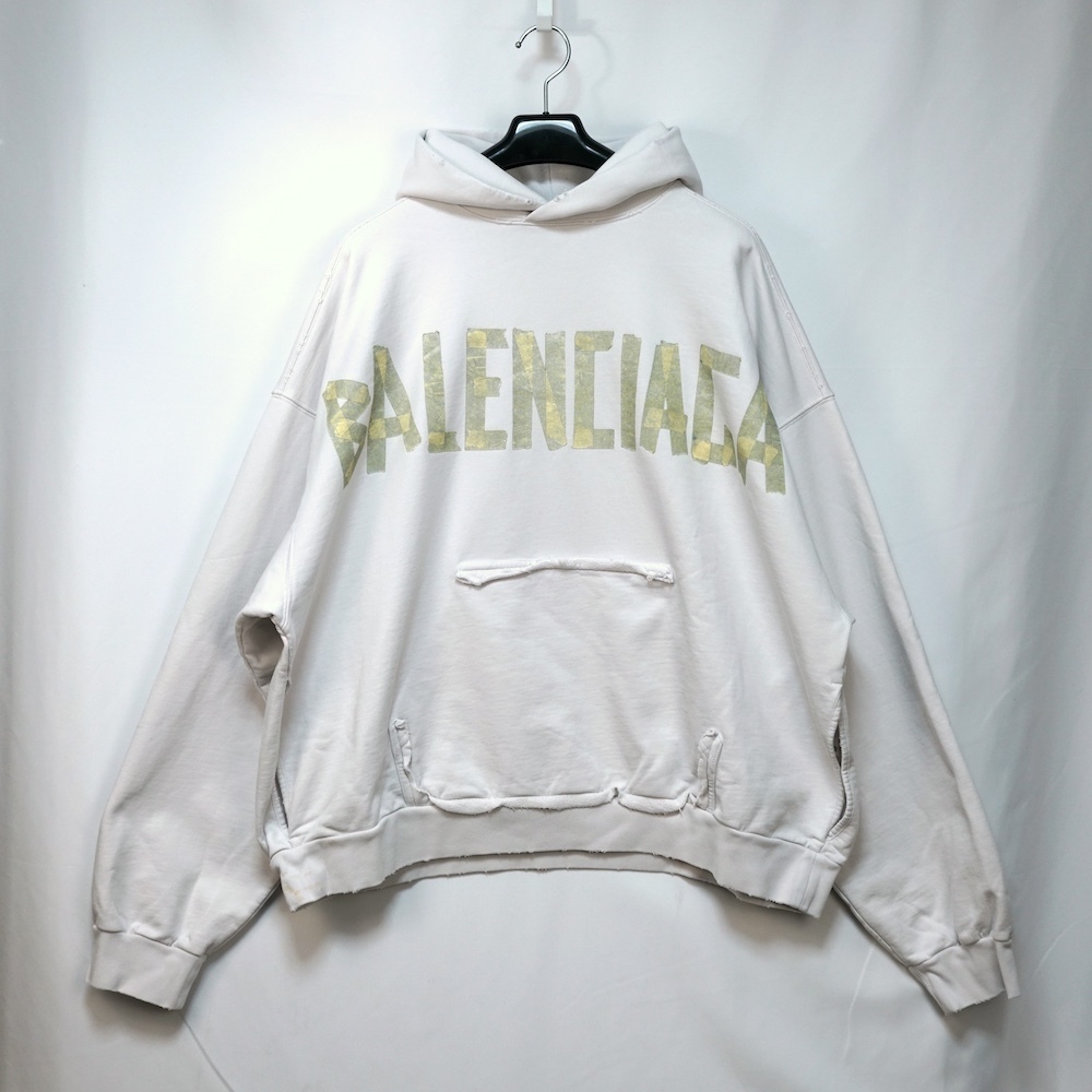 BALENCIAGA バレンシアガ Tape Type Ripped Pocket Hoodie テープ ロゴ リップド ポケット フーディ パーカー ホワイト Mサイズ 汚れ有り