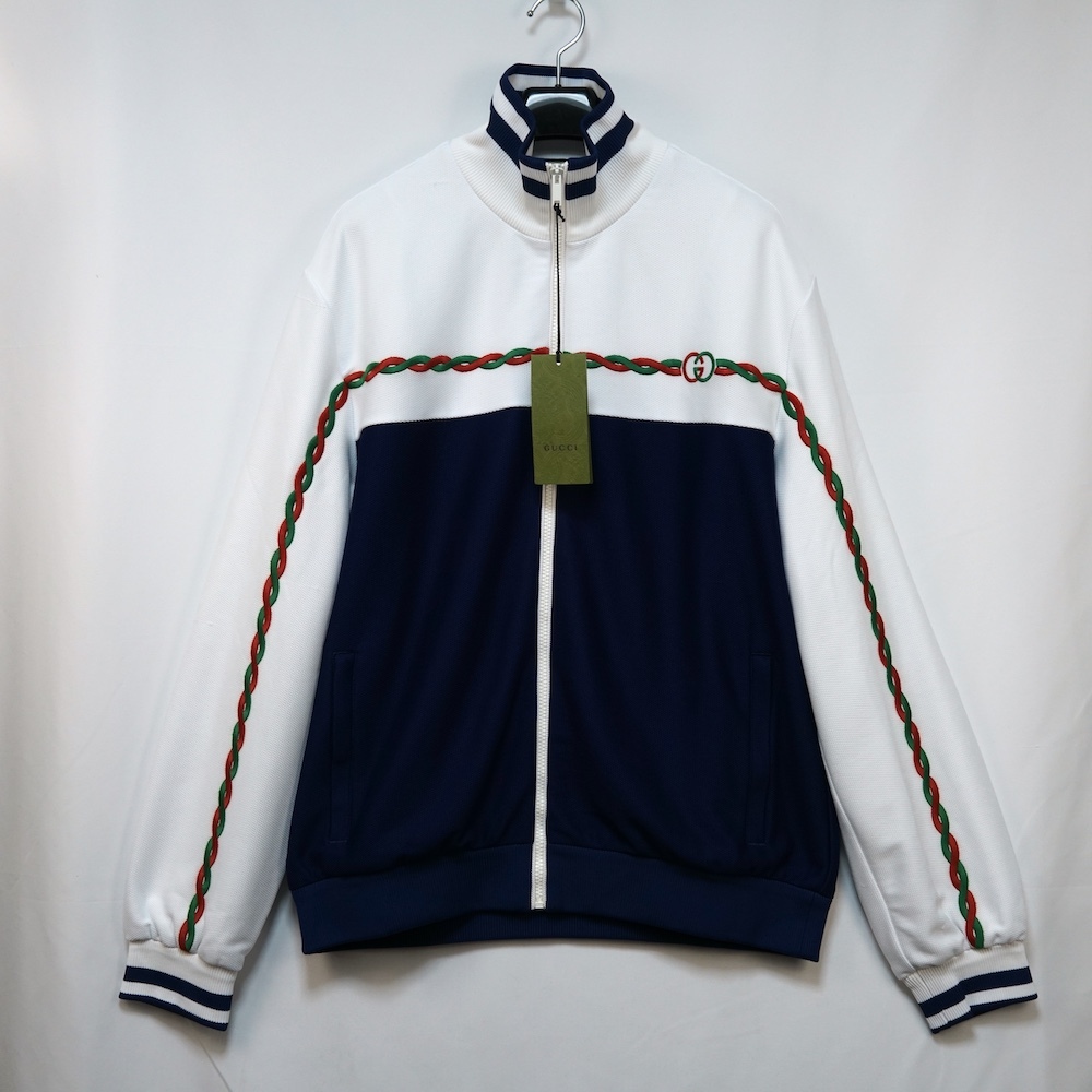 GUCCI グッチ インターロッキング G トラックジャケット ポリエステル ピケ ジップアップ ホワイト ネイビー Lサイズ 692125 XJD7N