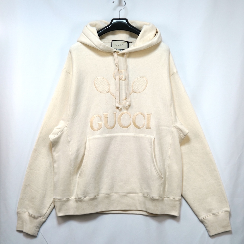 GUCCI グッチ テニス ロゴ エンブロイダリー スウェット フーディ パーカー ベージュ Mサイズ 560502 XJBCQ