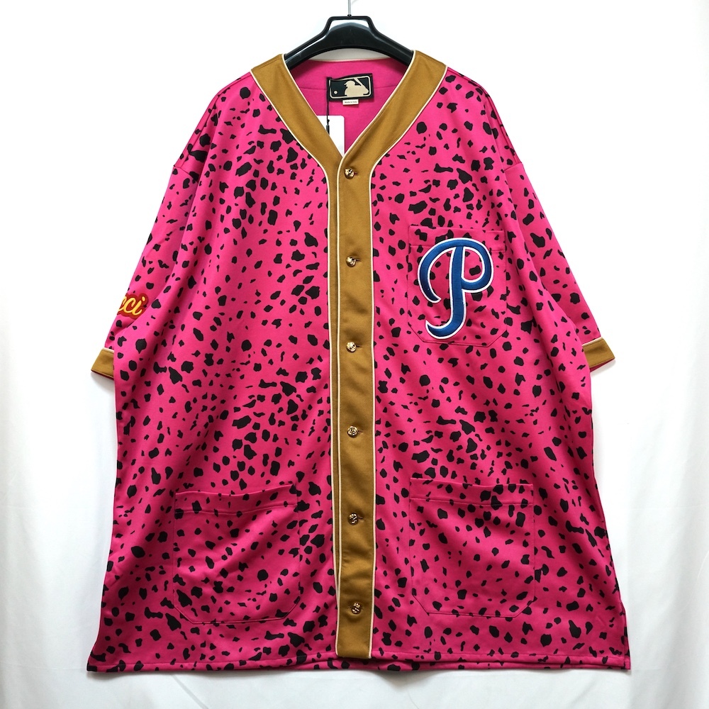 GUCCI MLB グッチ コラボ ピッツバーグ パイレーツ オーバーサイズ ボーリングシャツ ジャージ ピンク レオパード Lサイズ 726039 XJE4V