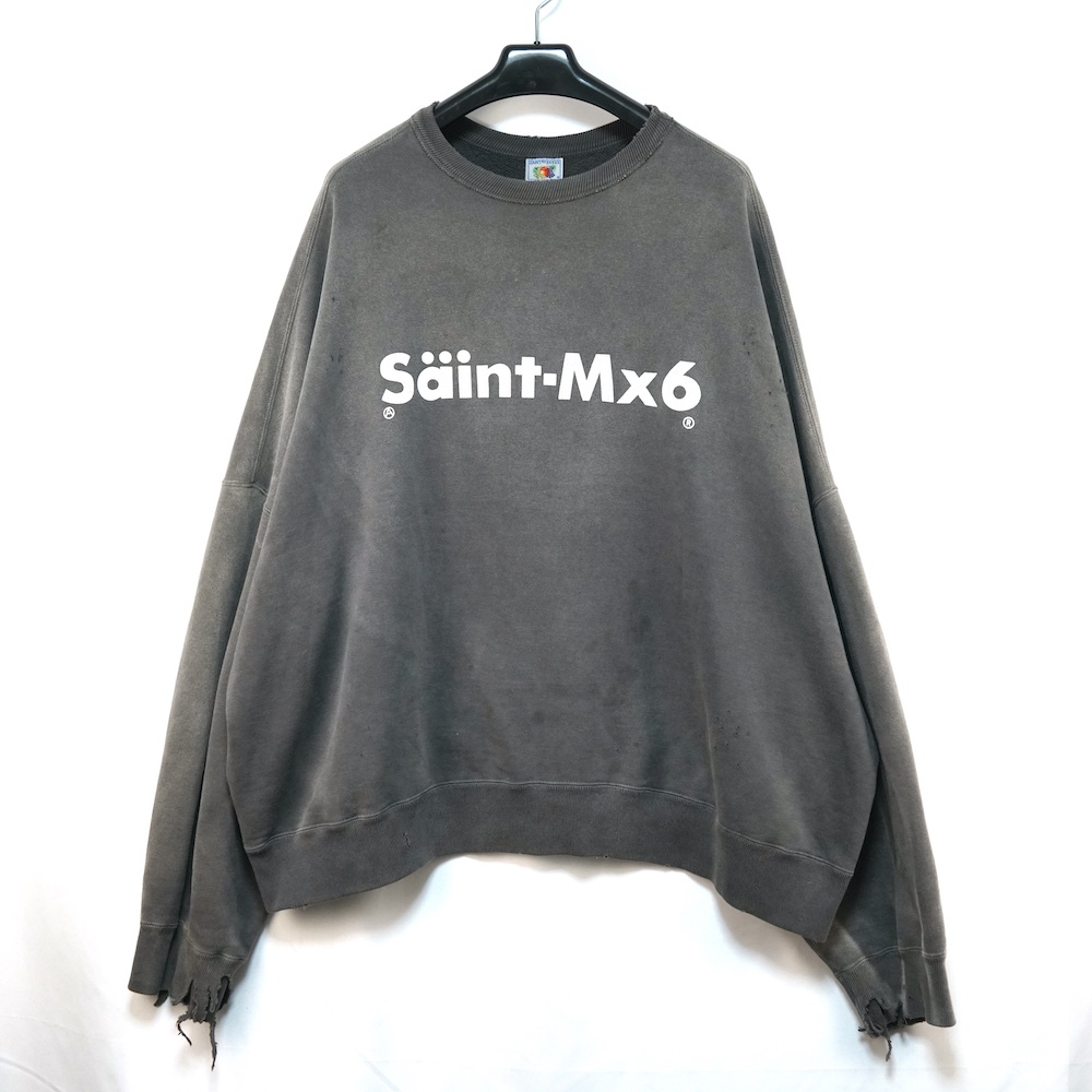 2024 SAINT MICHAEL セントマイケル CREW SWT CHAOS カオス プリント ダメージ加工 クルーネック スウェット トレーナー Lサイズ グレー