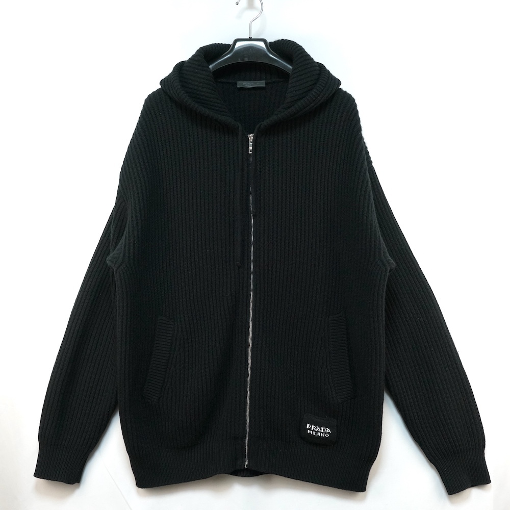 PRADA プラダ ウール シルク ジップアップ ニット フーディ パーカー ロゴ パッチ ブラック 48サイズ UMG108 S221 1Z9E