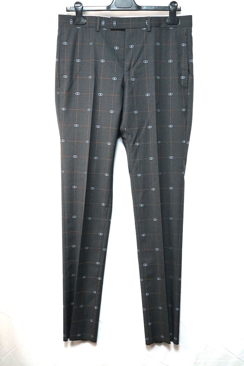 GUCCI グッチ インターロッキングG 格子柄 ウール パンツ スラックス チャコールグレー 48サイズ 444307 ZAFHT