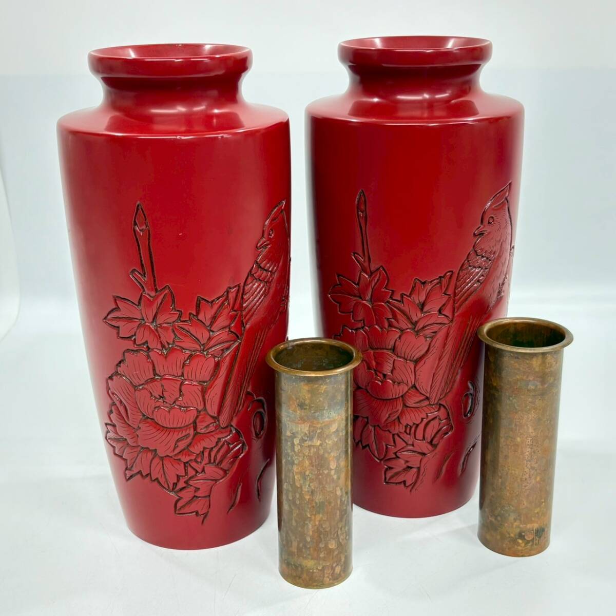 ■1円~【コレクター放出品】 村上木彫堆朱 花瓶 2点 セット売り 彫刻 花器 花入 赤 伝統工芸品 花 鳥 アンティーク インテリア K163891