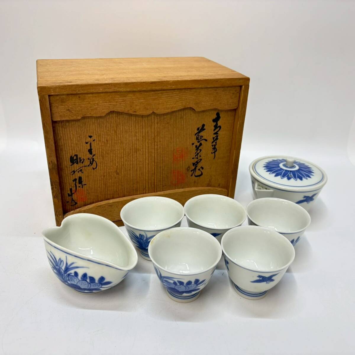 ■1円~【コレクター放出品】 平安 高野昭阿弥 造 煎茶道具 急須 宝瓶 湯冷し 湯呑み 5客 セット 染付 鳥 茶器 茶道具 共箱付属 K163855