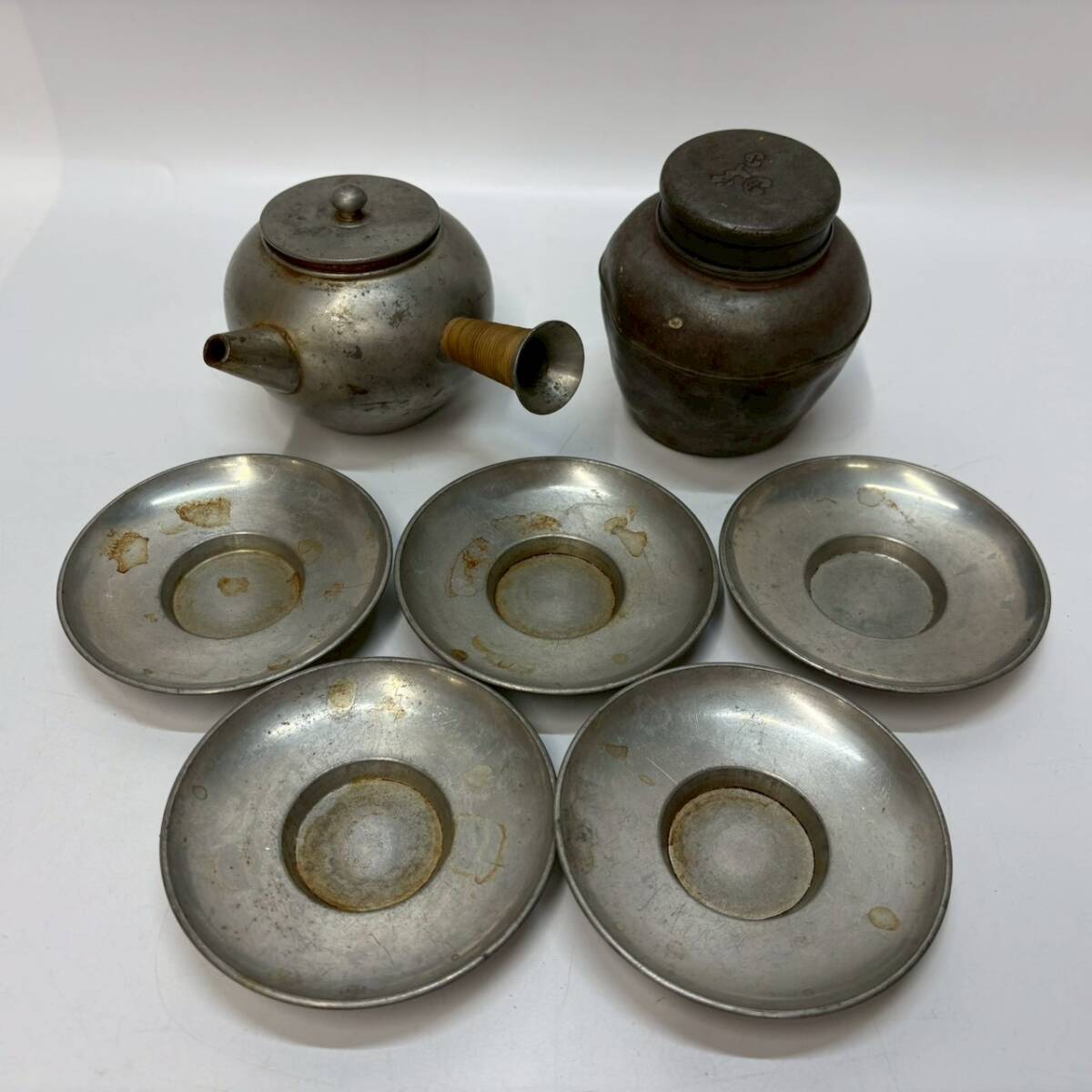 ■1円~【コレクター放出品】 錫 茶器 セット 急須 茶筒 茶壺 茶托 5枚 錫製 盛文堂製 豊好堂製 煎茶道具 茶器 茶道具 アンティーク K163888