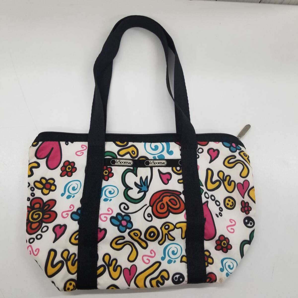 LeSportsac レスポートサック トートバッグ 総柄 手書き風 ロゴ ハート 花 白色 中古品 KW