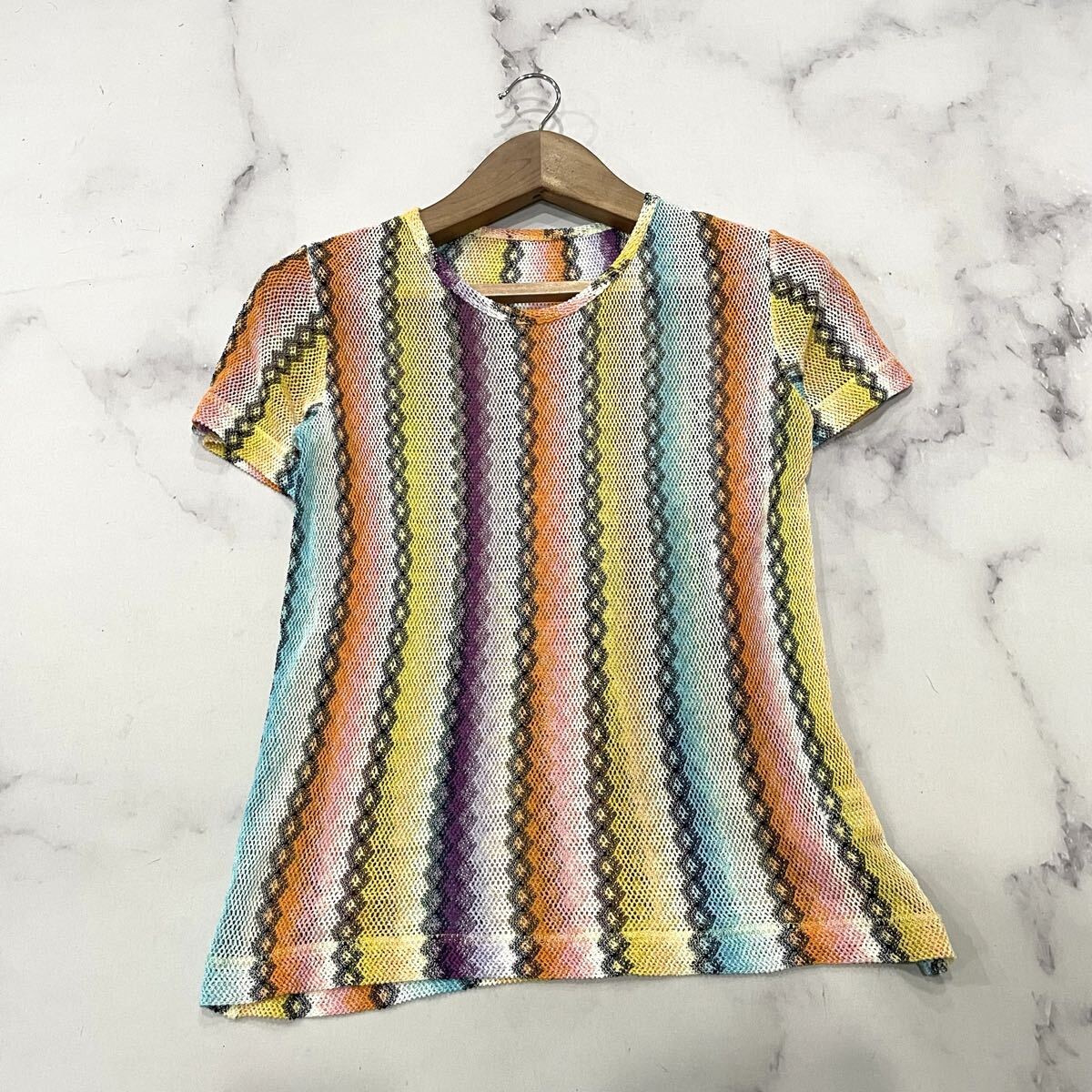 L ○ 高級エレガント 'イタリア製' MISSONI ミッソーニ 半袖 ストライプ柄 マルチカラー ニット セーター M レディース トップス 古着