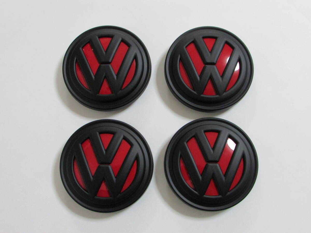 VW フォルクスワーゲン ホイールセンターキャップ マットブラック×レッド 艶無し 4個セット 65mm 