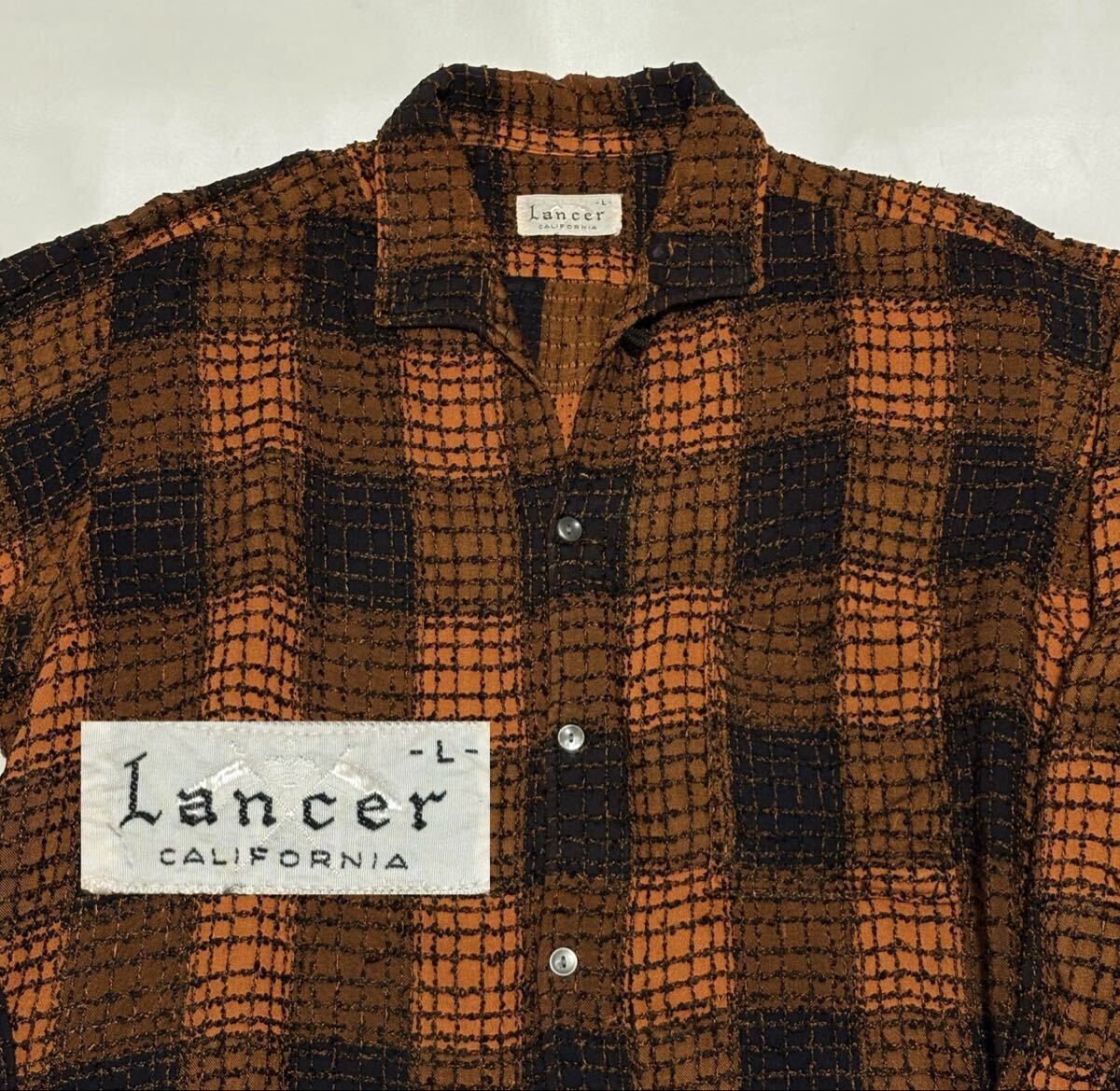 レア 50's Lancer ブークレドット イタリアンカラー 格子チェック レーヨンシャツ L ビンテージ古着 ロカビリー vintage 50年代 スペシャル
