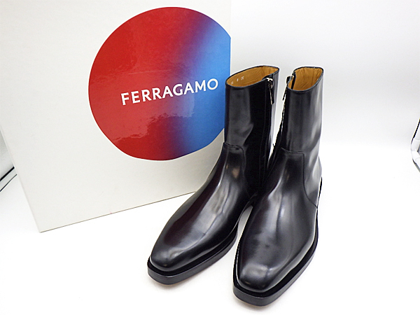 【未使用品】FERRAGAMO フェラガモ GERALD サイドジップ レザーブーツ ブラック 黒 8 EE メンズ 箱付
