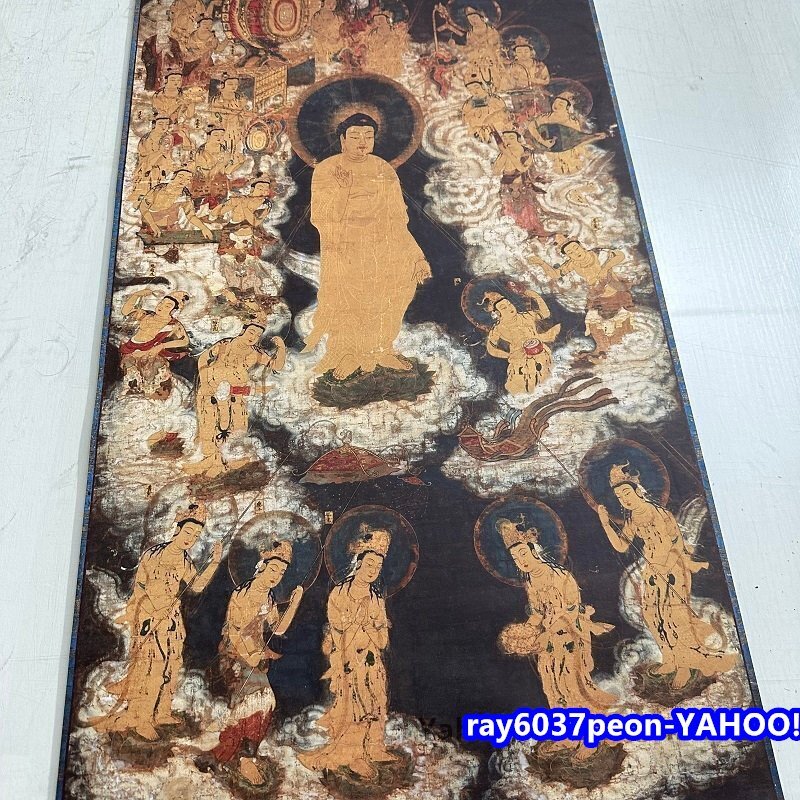 阿弥陀仏接引図 鎌倉 仏像 阿弥陀仏絹布 絹本 釈迦 東洋画 中堂画 掛け物 未表装