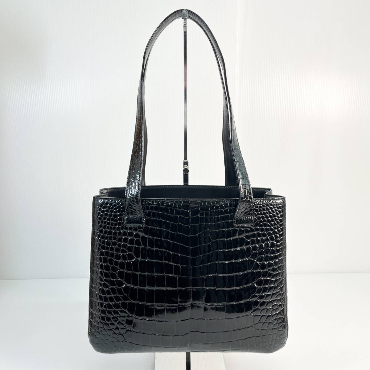 2603M1202 美品 ZAO クロコダイル トートバッグ ショルダーバッグ シャイニング ブラック 黒 JRA認定品 JRAタグ付