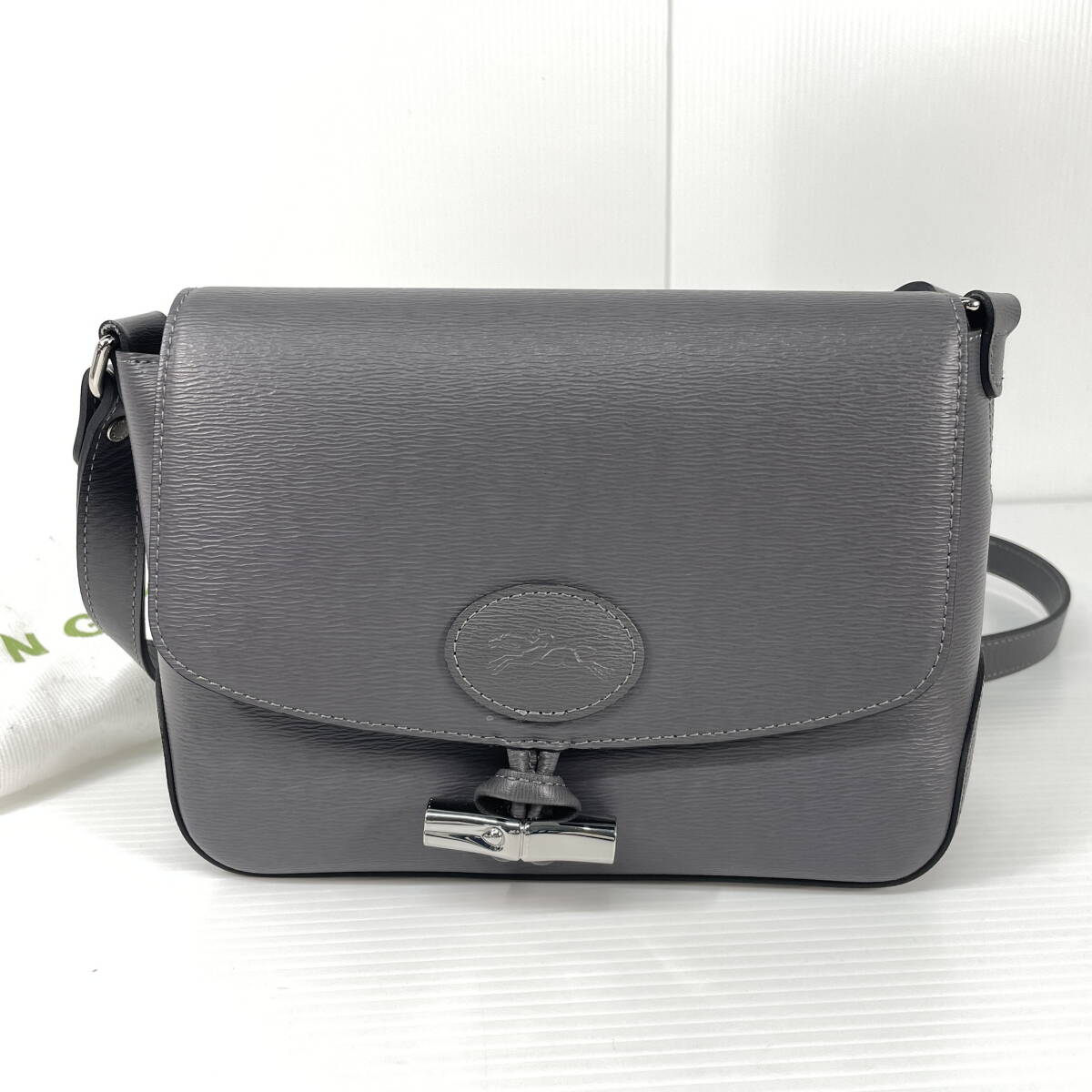 2603M1315 美品 LONG CHAMP ロンシャン ロゾ グレー レザー ショルダーバッグ