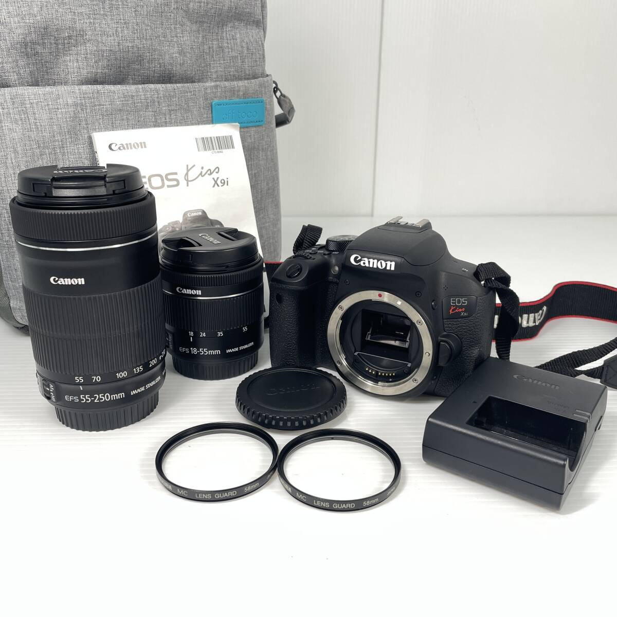 2602M5305 外観美品 Canon キャノン デジタル一眼 EOS Kiss X9i/Canon ZOOM LENS EF-S 55-250mm/18-55m レンズ2点 通電確認済 バッグ付