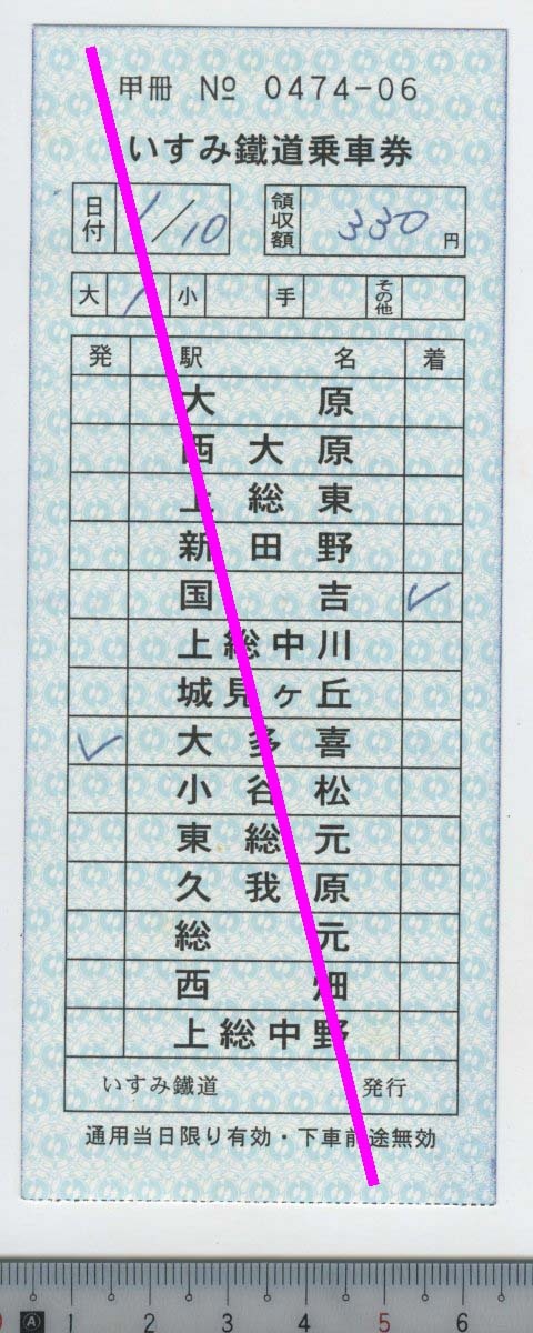 いすみ鐵道 乗車券 大多喜→国吉 1/10 駅名式補充券★軟券 いすみ鐵道発行 甲冊 No_ 0474-06 (管264)