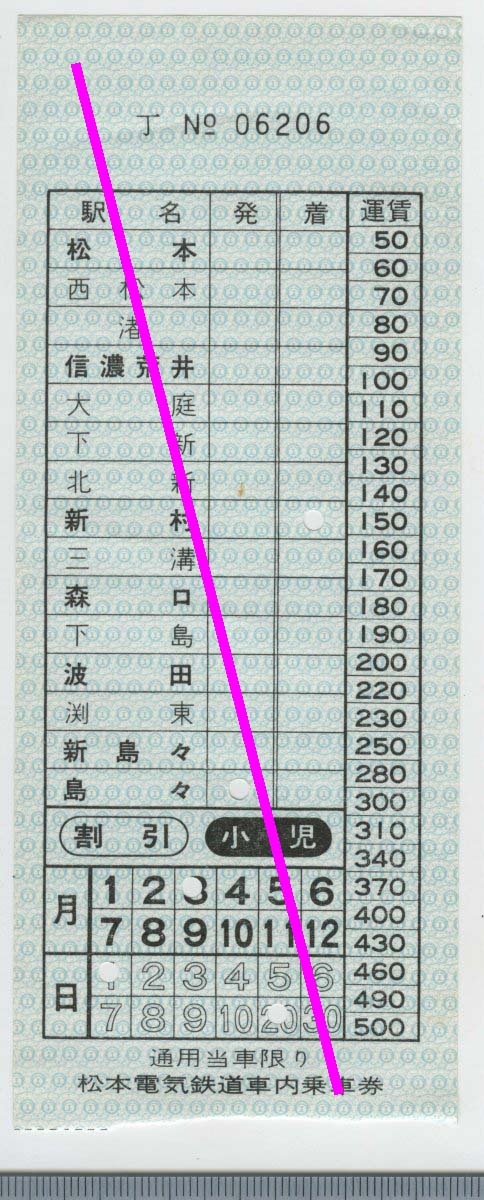 松本電気鉄道 車内乗車券 島々→新村★丁 No_06206 3月21日 折れ (管264)