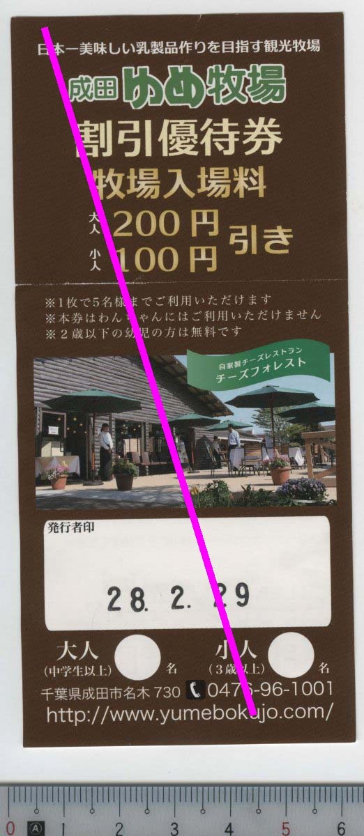 成田ゆめ牧場 割引優待券 牧場入場料 28.2.29★軟券 日本一美味しい乳製品作りを目指す観光牧場 (管264)