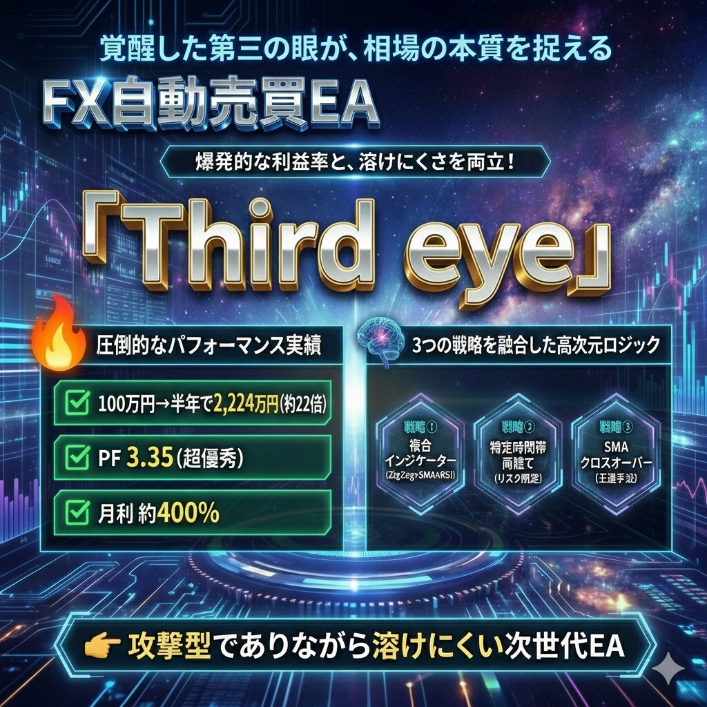 FX自動売買GOLD EA 「サードアイ」Third eye 爆益型 月利400％ PF3.35 複合戦略 MT4対応　