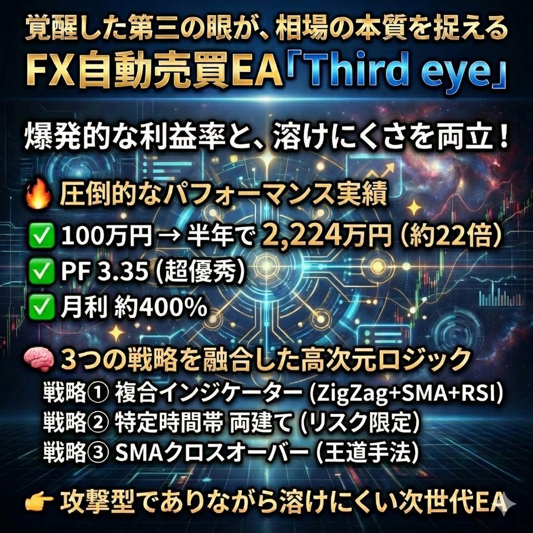 FX自動売買EA Third eye 爆益型 月利400％ PF3.35 複合戦略 MT4対応
