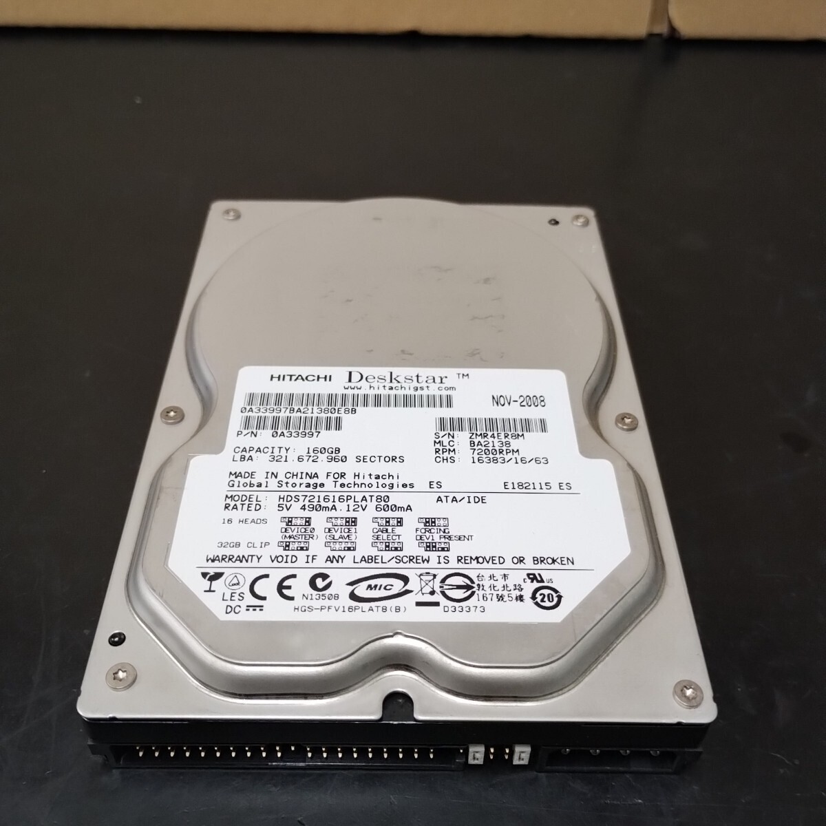 O18 Hitachi HDD 3.5インチ 160GB 164.6GB UltraATA IDE HDS721616PLAT80 中古品 CrystalDiskinfo 正常判定