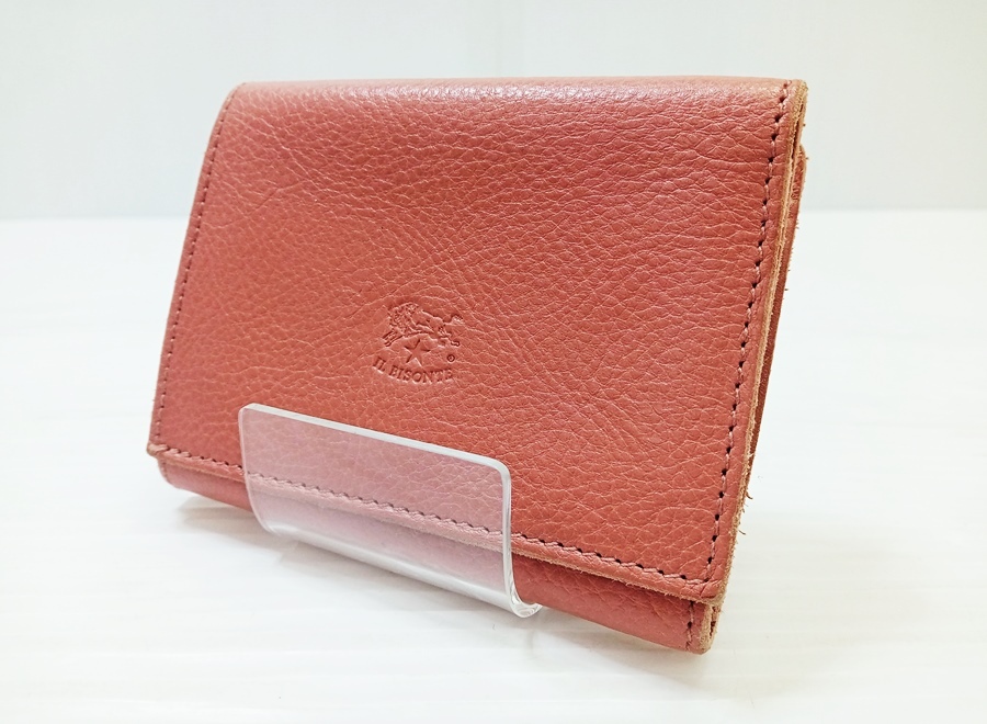 下松) IL BISONTE イルビゾンテ 三つ折り財布 レザーウォレット パスケ-ケース付き ピンク系 ◆N2503011 NC07A