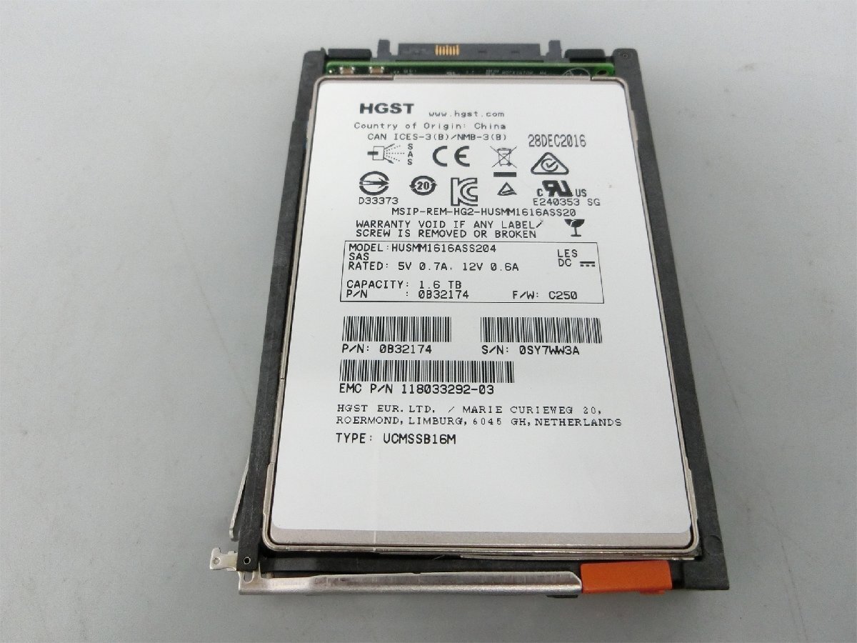 中古動作品　　HGST　HUSMM1616ASS204　HGST 1.6TB SAS SSD 2.5インチ 12Gb/s エンタープライズ 高耐久 サーバー用