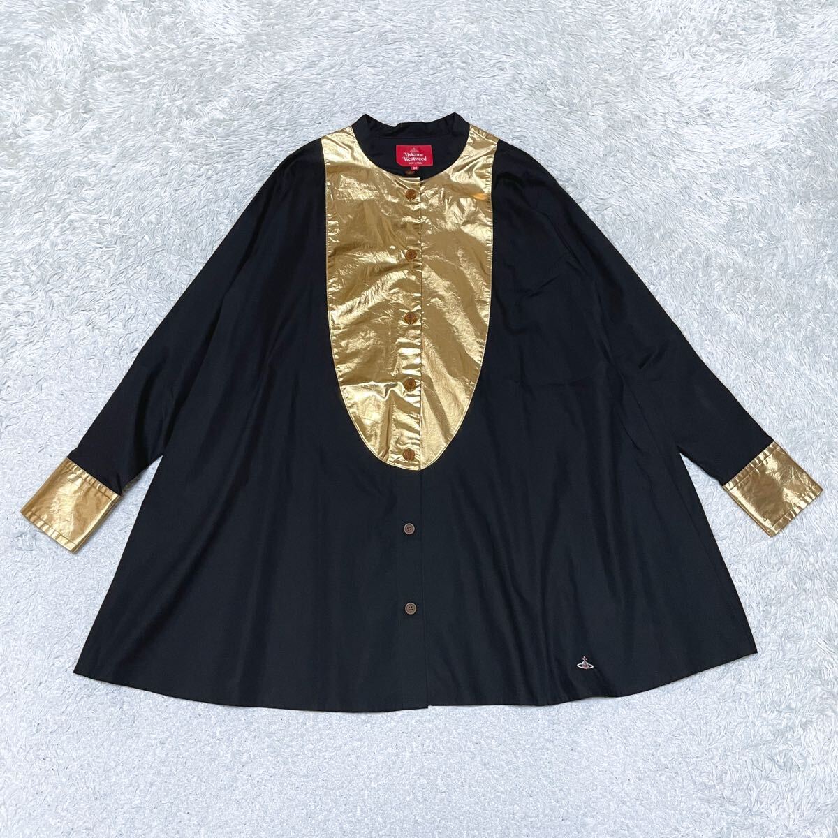 Vivienne Westwood Red Label ヴィヴィアンウエストウッド レッドレーベル ゴールド箔切替 Aライン シャツ ワンピース オーブ刺繍 サイズ00