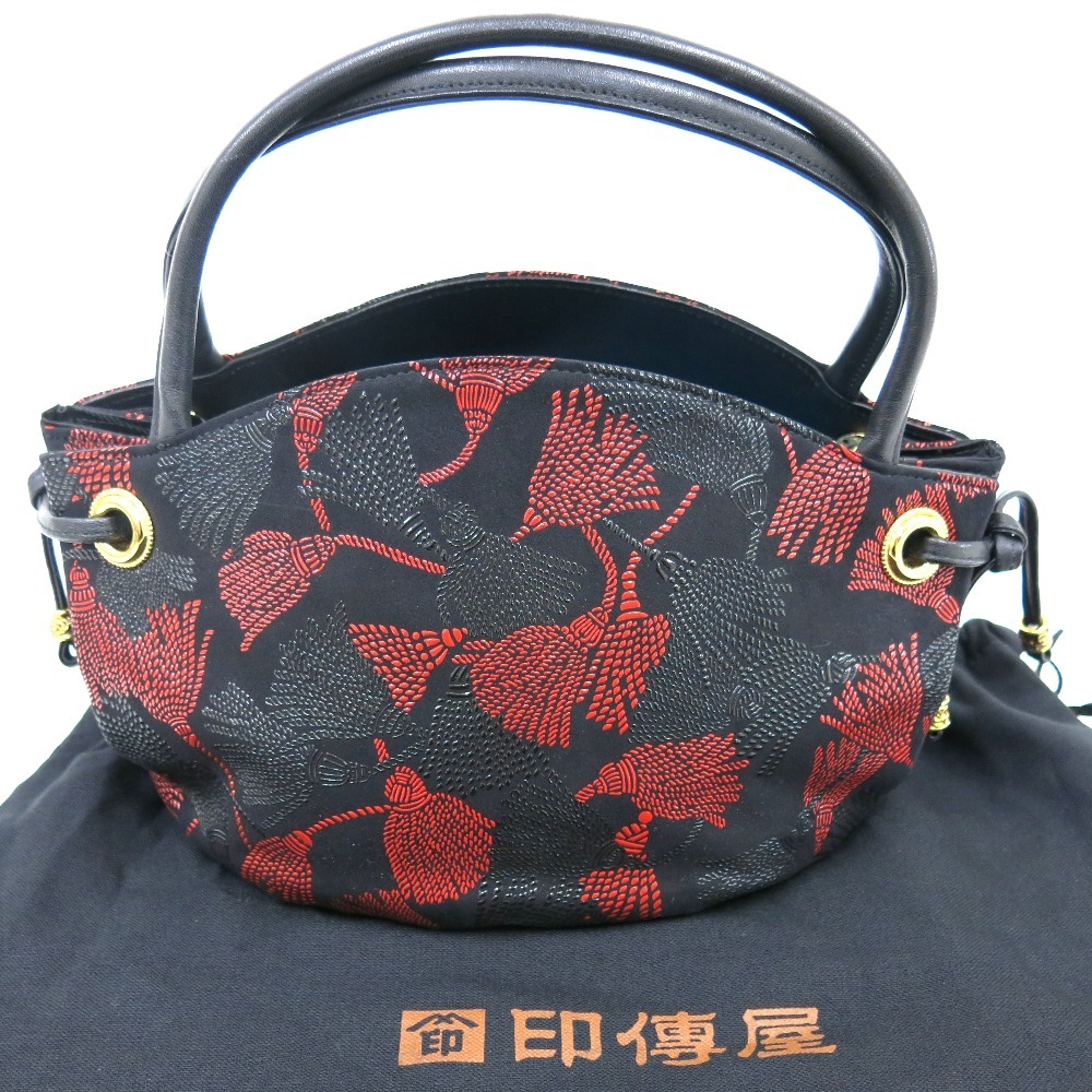 Hn475951 ハンドバッグ 印傳屋　バッグ　紐殻　#ブラック×レッド 中古