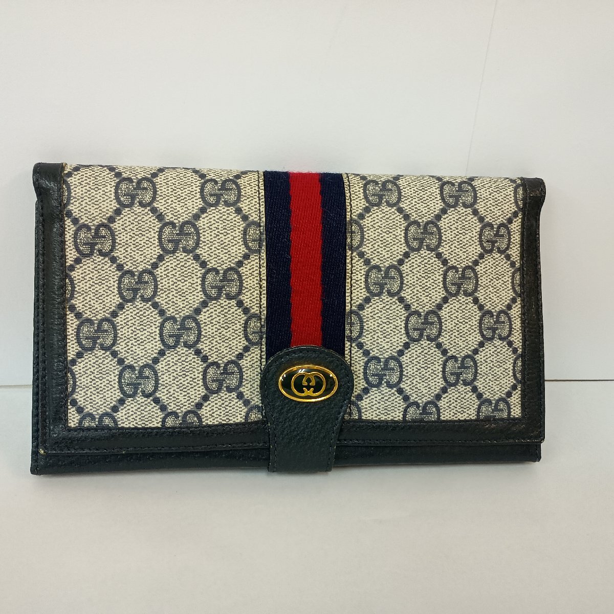 GUCCI PVC 3つ折り長財布 GG柄 グレー ブラック GG金具 シェリーライン オールドグッチ グッチ