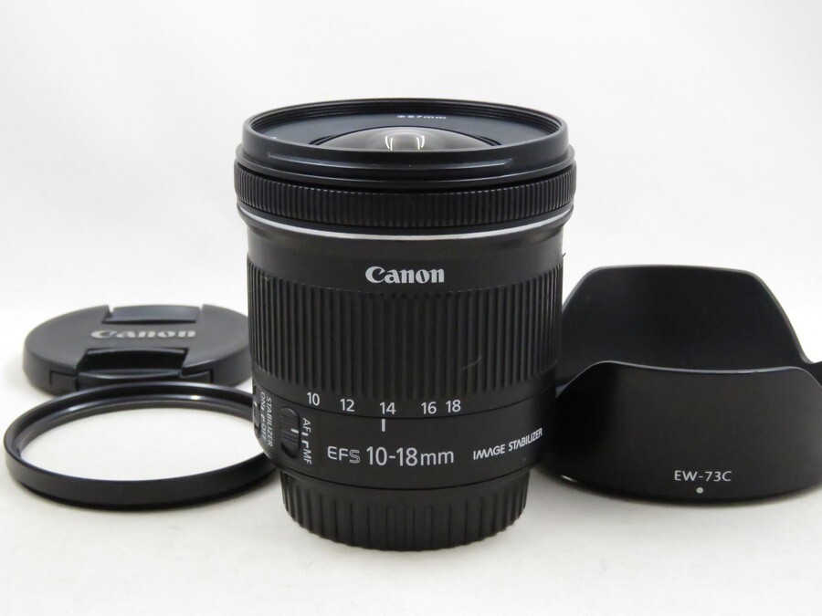 [23588W3]★新品級★CANON EF-S 10-18mm F4.5-5.6 IS STM フィルター・フード付き