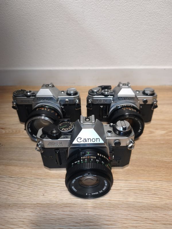 【1円スタートジャンク】Canon フィルムカメラ＆レンズ AE-1×2/AE-1 PROGRAM×1/50mmレンズ×3 計6点セット
