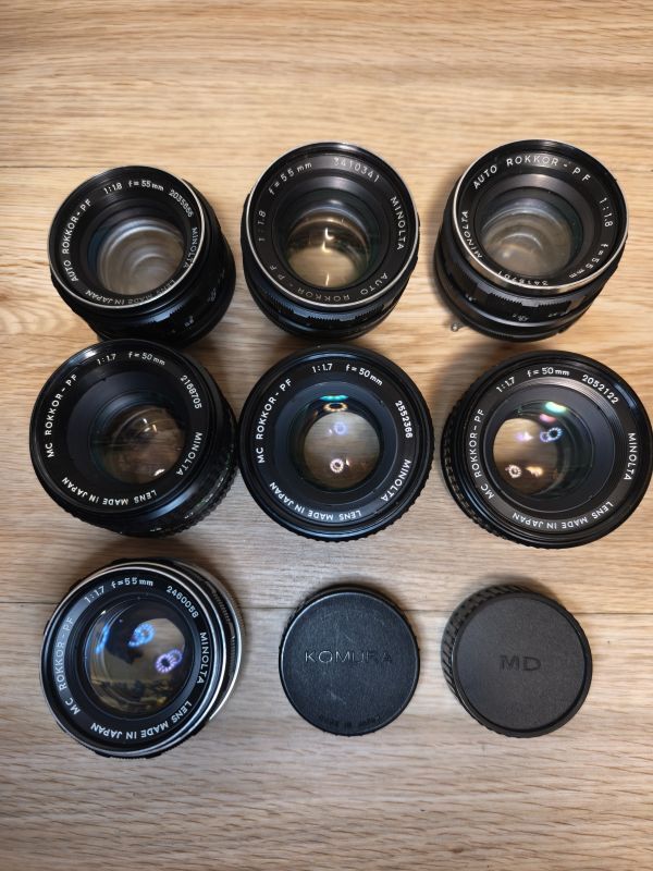 【1円スタートジャンク】MINOLTA ROKKORレンズ 55mm f1.8×3/50mm f1.7×3/55mm f1.7×1 計7本セット