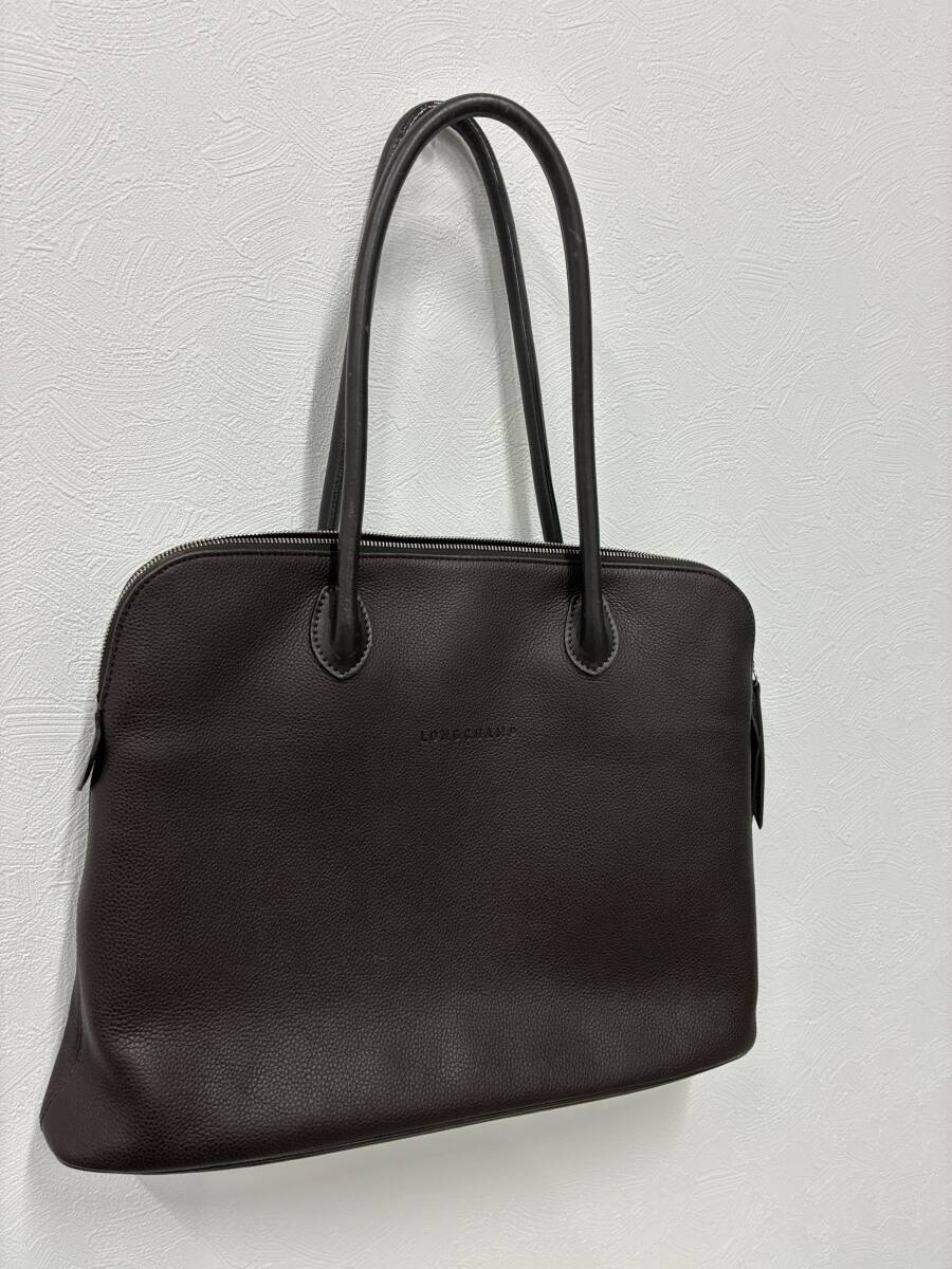 2056★ロンシャン LONGCHAMP ダークブラウン レザー ショルダー トートバッグ A4収納 ビジネス 底幅39 マチ幅10 高さ30 中古