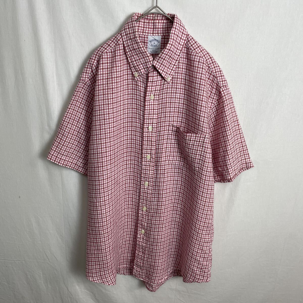 BROOKS BROTHERS 半袖チェックシャツ　古着　Mサイズ　リネン
