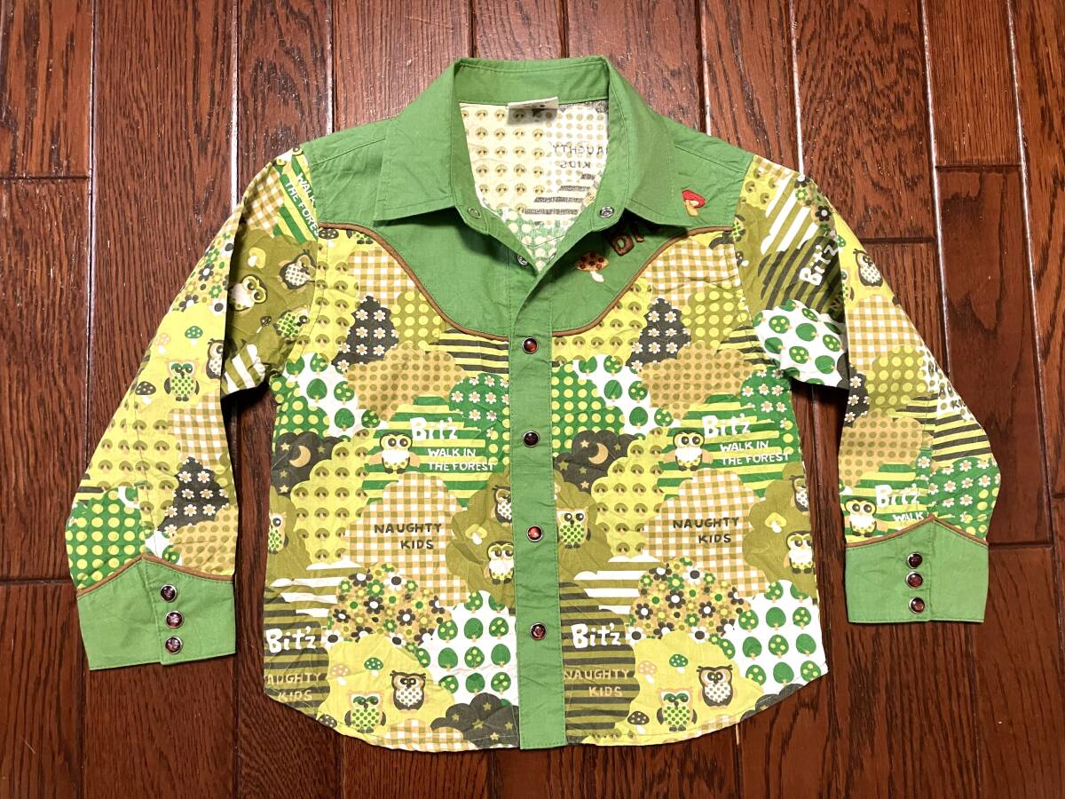 Bit’ｚビッツ キッズ 子供服 ウエスタンシャツ １００ 緑 グリーン 森林 木 フクロウ キノコ