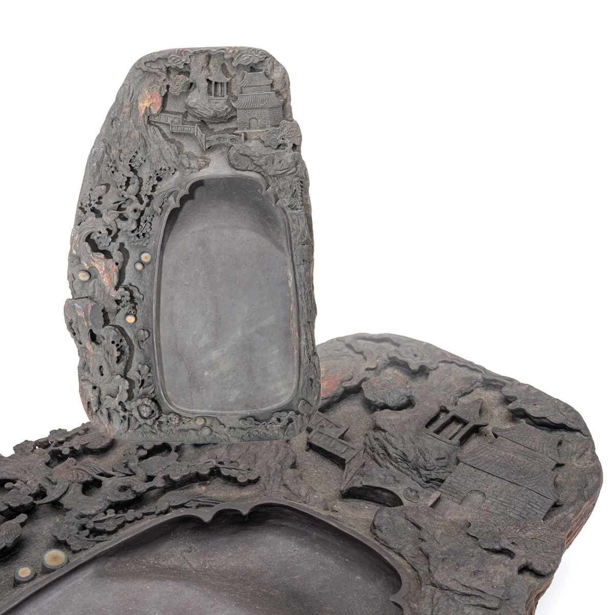 S-947 端渓 麻子坑 天然眼 花鳥山水硯 蓋付 唐木台付 22×37×5cm 6.7kg