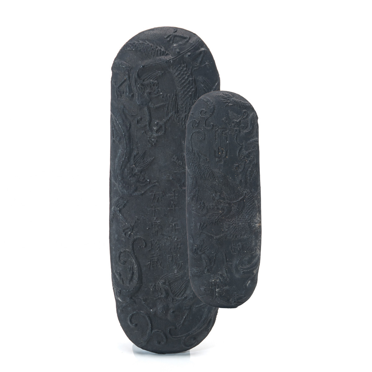 S-959 古墨 龍鳳図 浮彫 書道具 文房四宝 8×2.8×0.4cm 木箱付